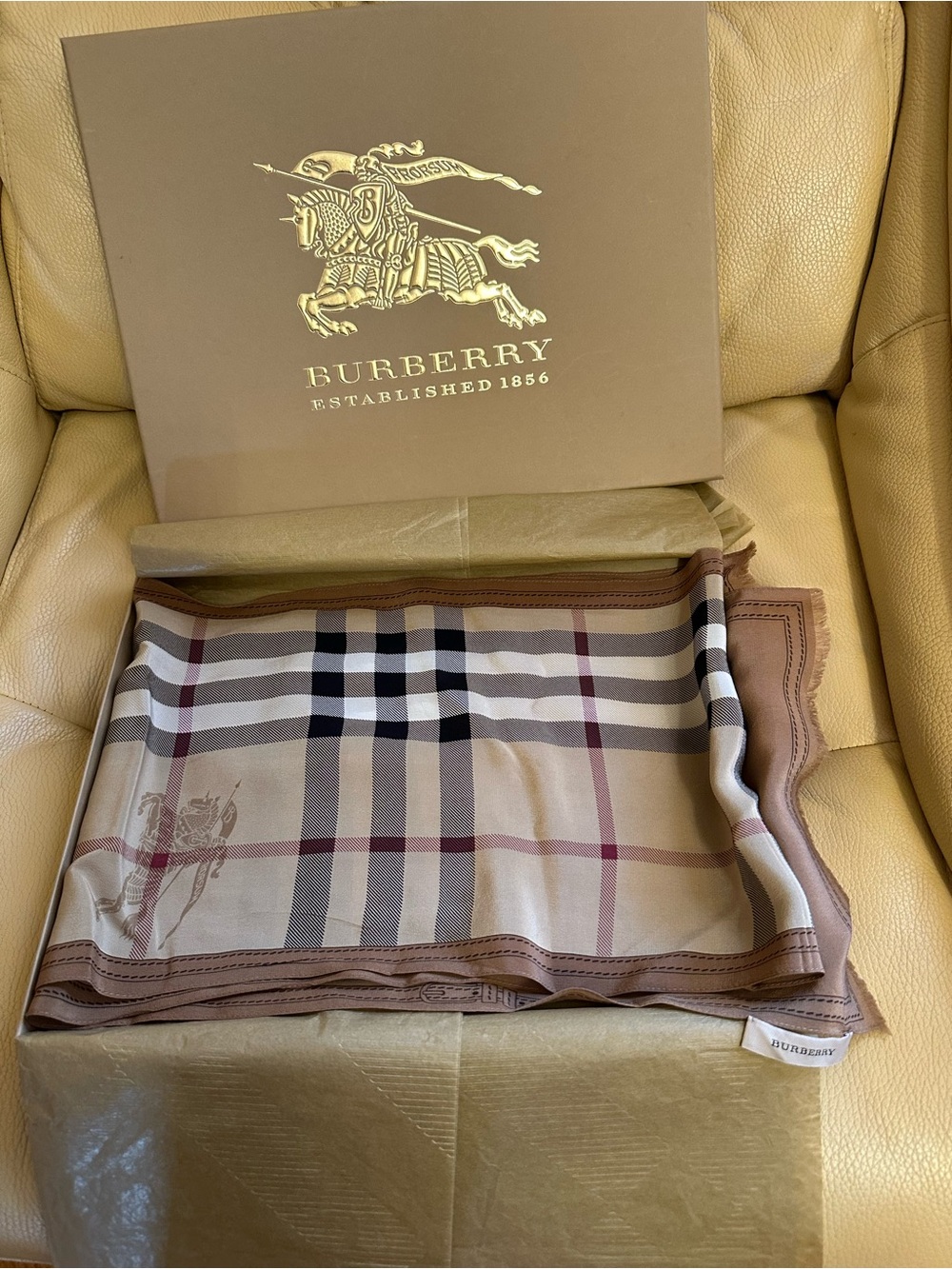 Burberry Beige/Tan Check Silk Scarf with Black and Red Accents
